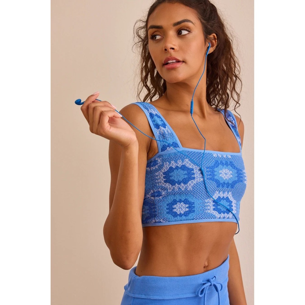 AS Revival Blue Jacquard Floral Knit Crop Top Bralette Square Neck Size M/L